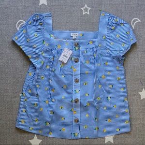 J. Crew Lemon Print Square Neck Button Down Short Sleeves Top Sz S